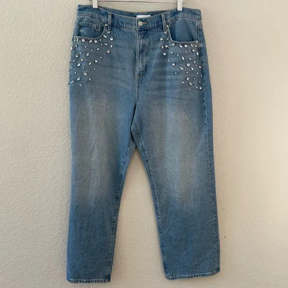 LOFT Rhinestone High Rise Straight Jeans in Vintage Distressed Wash